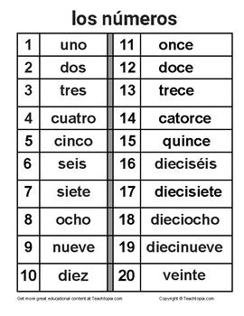 spanish number translator|1 through 20 in spanish.